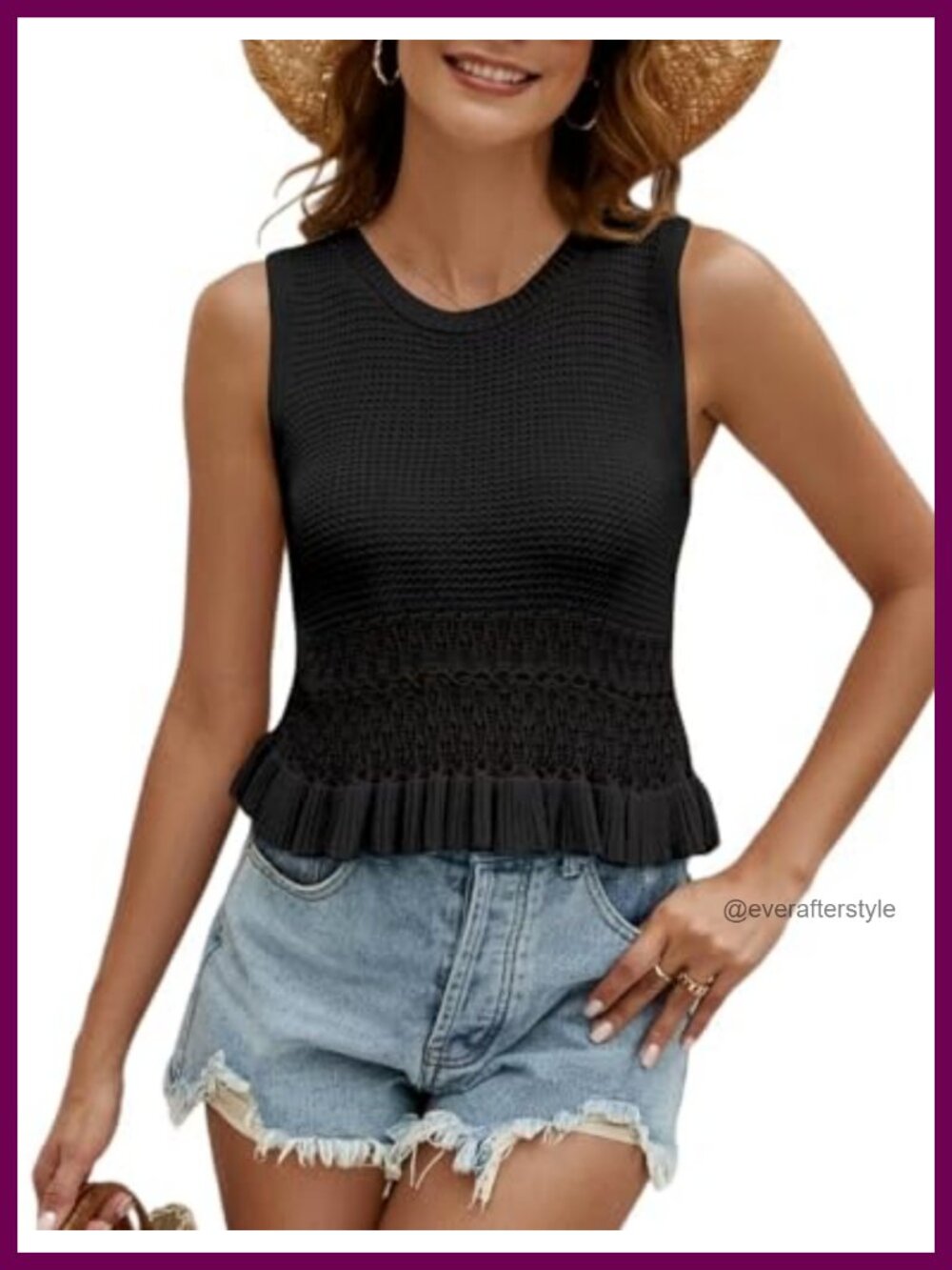 Crochet Ruffle Hem Knit Sleeveless Sweater Vest Pullover Top
